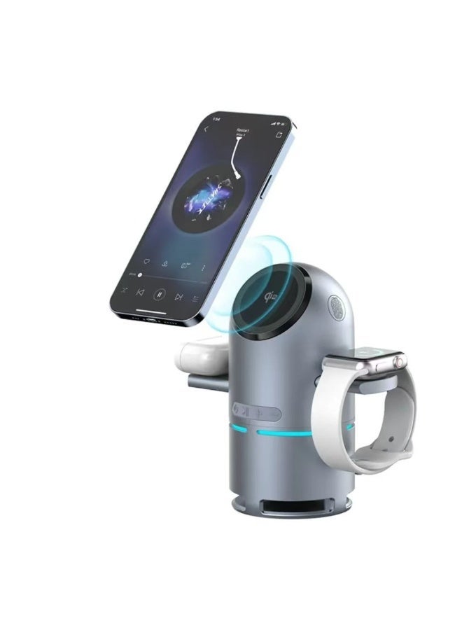 محطة شحن لاسلكية قياسية QI2 متعددة الوظائف 3 فى1 بلوتوث , سبيكر , مع حامل دوار مغناطيسى تلقائى لكل موديلات ايفون (ماجسيف) 12 ،13 ،14 ،15 ،16 ،17 , ايربودز برو ، ابل واتش ، سامسونج جلاكسي الترا - Image 3